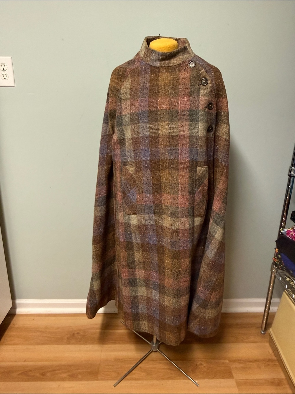 Vintage Plaid Wool Irish Cape in Brown, Blue and Pink